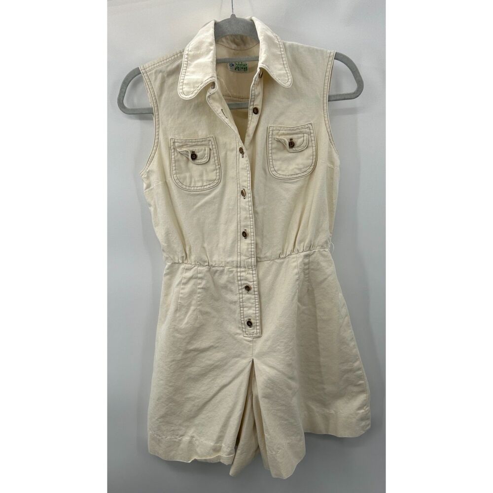 Vintage 70s Ladybug Cotton Romper Jumpsuit Cream Off White Utility Workwear M